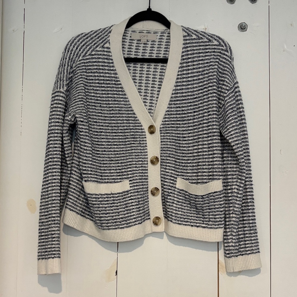 Loft navy and white striped cardigan sweater
